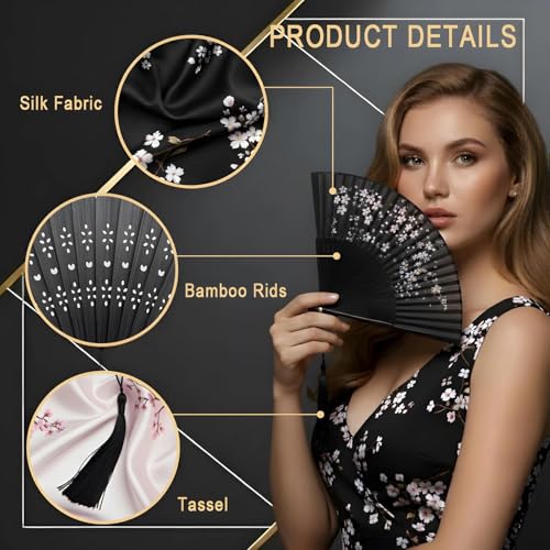 Lysa Hand Fan for Women Foldable - Portable Folding Japanese Chinese Fan - for Hot Flashes, Summer Cooling, Festivals, Church, Dancing (Black Sakura) - color: Black Sakura
