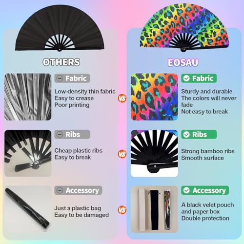 EOSAU Large UV Glow Rave Fan, Folding Hand Fans for Line Dancing, Leopard - color: 13" Leopard Print