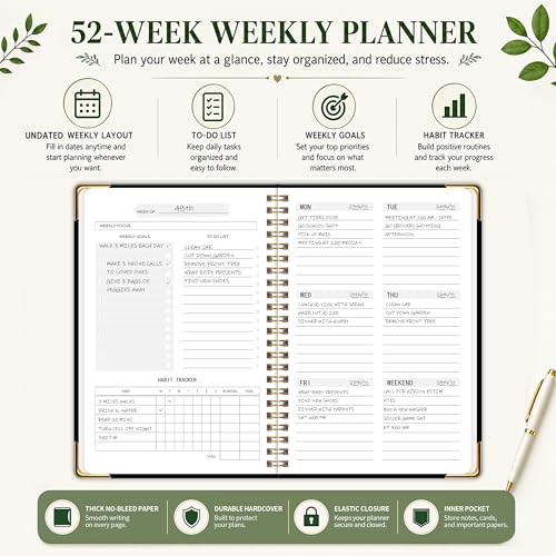 Undated Weekly Planner, Weekly To Do List Notebook with Habit Tracker, A5 - color: Black