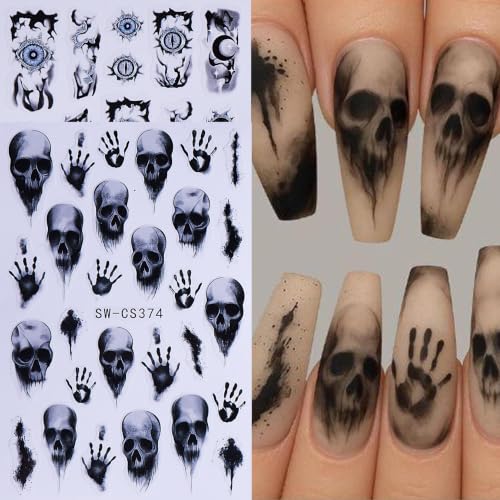 Gothic Halloween Nail Art Stickers 10PCS Spooky 3/5D Self-Adhesive Nail Decals Skull Ghost Pumpkin Owl Bat Spider Web Horror Nail Supplies Manicure Decorations DIY Halloween Designs for Women - style: Halloween Ghost Pumpkin