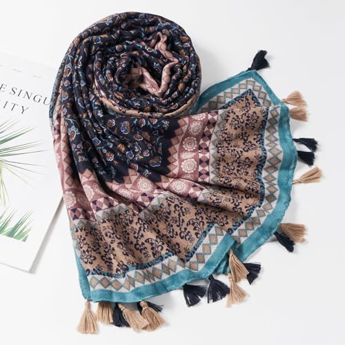 QIUTIMIY Scarf for Women Lightweight Soft Floral Leopard Printed Scarves Fall Winter Fashion Shawl Wrap with Fringe - color: Flower-brown Blue