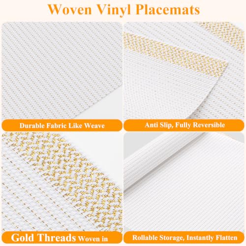 SHACOS White Gold Thread Woven Placemats Set of 6 Vinyl Place Mats - color: White Gold, size: Set of 6