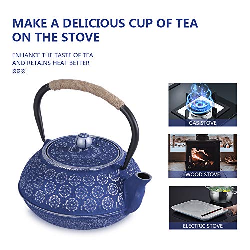 Ufine Blue Floral Cast Iron Teapot Set 28 oz Tea Kettle with 4 Cups, Trivet - color: Blue Floral