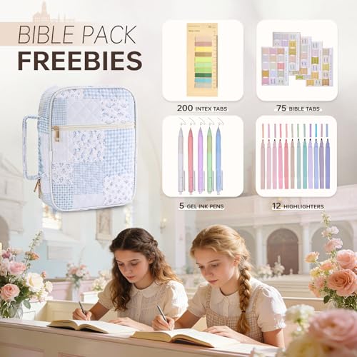 Bible Cover Case for Women Large Bible Cover Bag Quilted Bible Carrying Case for Girls Bible Study Supplies Accessories Christian Gifts for Women (Blue Gingham, Large) - color: Blue Gingham