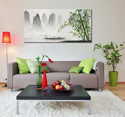 Winpeak Art Traditional Chinese Painting Black and White Landscape Canvas Wall Art Bamboo Artwork - size: 48"L x 24"W