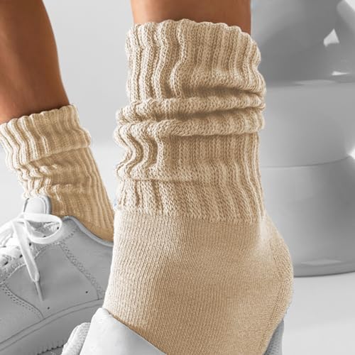 AugRing Women's Scrunch Crew Socks Retro 3-Pack Solid Cotton Boot Calf Chunky Ribbed Cozy Slouchy Socks Size 5-11 - color: 3 Pack Beige