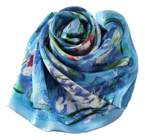 JWSilk Long Charmeuse Silk Scarf Classic Art Print - color: Water Lilies By Monet