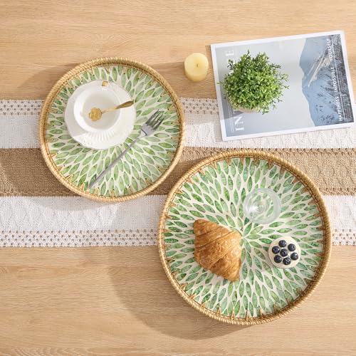 Round Rattan Tray with Mother of Pearl Inlay, Rattan Serving Tray with Wooden Base, Decorative Wicker Basket for Table Decor, Storage and Display of Coffee Bread Food Fruit (Leaf 13.5") - color: Leaf, size: 13.5"