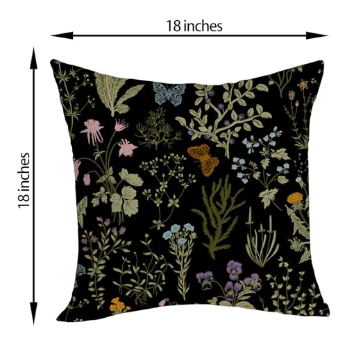 Floral Pillow Covers 18x18 Pack of 2 Black Green Botanical Wildflower Throw Pillow Covers,Spring Summer Plants Flower Decorative Pillowcase Farmhouse Cushion Case for Home Sofa,Outdoor Decor - color: Black Botanical Wildflower, size: 18" x 18" (Pack of 2)