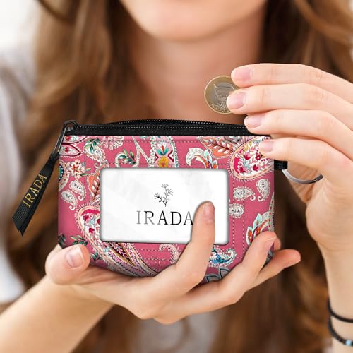 IRADA ID Case Wallet Keychain with Clear ID Window Zipper Cute Coin Purse for Women Water Resistant Small Coin Pouch-Pink Paisley Floral Keychain Wallet - color: Paisley Floral-Pink-Keychain Wallet