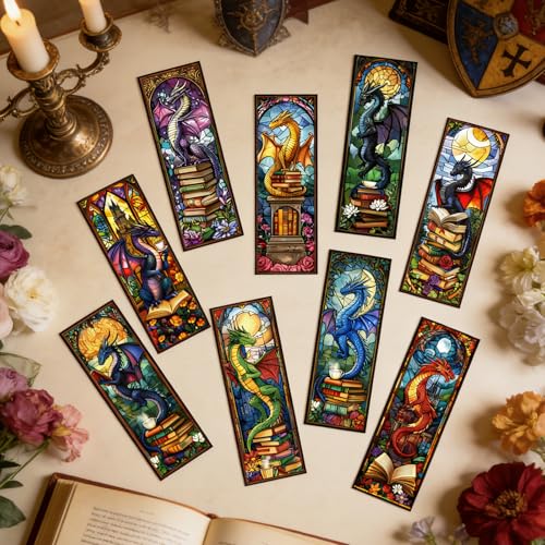 Wxiben 10 Pcs Dragon Stained Glass Transparent Bookmarks for Book Lovers - style: Dragon Stained Glass