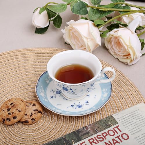 fanquare Blue Rose Porcelain Tea Cup and Saucer Set for 6 - color: Blue Rose tea cup set