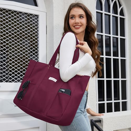 HOMESPON Large Canvas Tote Bag, Magnetic Work Laptop Pack for Women - color: Maroon