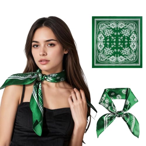 Seawhisper Premium Printed Satin Silk-Like Neck Scarf for Women Square 26" - color: Green