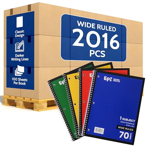 2016 Pack (Pallet) Bulk EPI Spiral Notebooks – Wide Ruled, 70 Sheets, Durable Spiral Binding – Assorted – 10.5 x 8in – Bulk School Supplies, Heavy Duty for Journaling, Office or Classroom Notes - color: Assorted, size: 2016