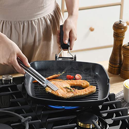 S·KITCHN Grill Pan with Folding Handle, Nonstick Grilling Pan for Stove Tops, Induction Compatible Square KBBQ Pan with Pour Spouts - 9IN - size: 9 IN