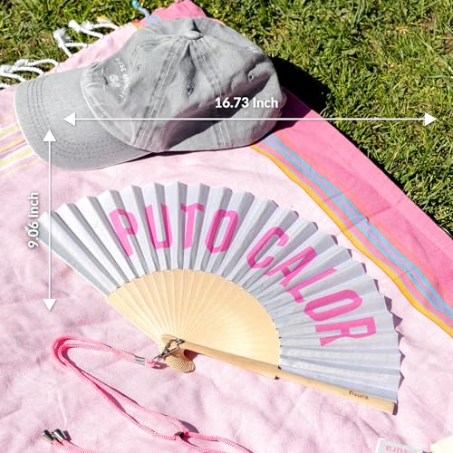 Fisura – Original folding fan with message “P*to calor”. Grey wooden handheld fan for women. Lightweight accessory for raves, weddings, birthdays, festivals, parties and creative gift ideas. - color: Calor, Grey and Pink