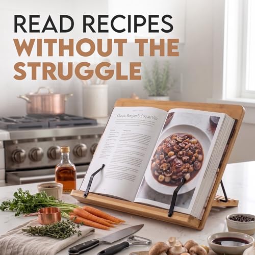 Bamboo Cookbook Stand Large, Adjustable Book Holder Tray and Page Paper Clips - Natural Color Large - 4-Position Recipe Book Stand Holds Thick Books for Kitchen Counter, Reading, Studying - Foldable - color: Natural, size: Large
