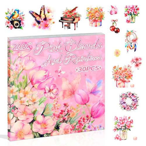 30 Sheets Precut Pink Garden Landscape Stickers Book for Junk Journal Supplies, Transparent PET Stickers for Journaling, Scrapbooking, Bujo, Collage, Card Making - color: Romantic Pink