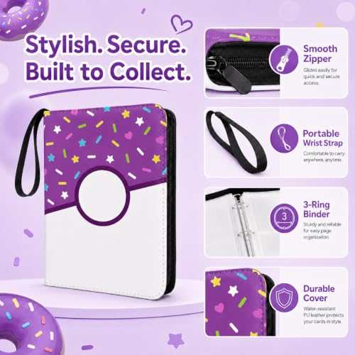 9 Pocket Card Binder 900 Card Holder Album, Purple Donut Trading Cards Holder Zipper Binder for Girl Teen Collection (Purple Donut, 900 Pocket) - color: Purple Donut, size: 900 Pocket