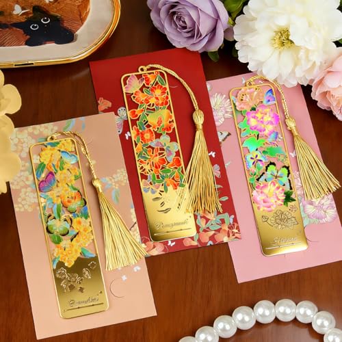 Kinsound Flower Book Mark with Tassel for Reading Women, Pretty Cute Hollow Butterfly Book Markers for Women, Men, Kids, Teachers, Students, Reading Accessories Gifts for Book Lovers（3PCS-Styple A） - style: Flower A