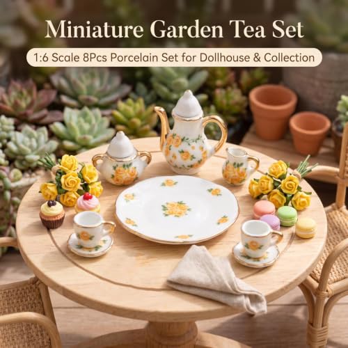 Miniature Tea Set 1/6 Scale Dollhouse Accessories Porcelain Yellow Rose - color: Yellow