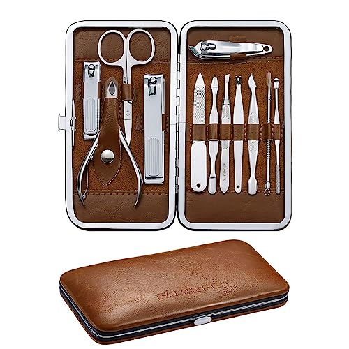 FAMILIFE Manicure Set, Professional Nail Kit Nail Clipper Set, 12PCS Stainless Steel Manicure Kit, with Brown Leather Travel Case Luxury Gifts for Him - color: Light-brown