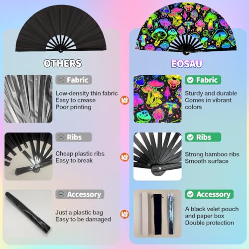 EOSAU Large UV Glow Rave Fan, Folding Hand Fans for Line Dancing, Mushrooms - color: 13" Mushrooms