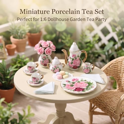 Miniature Tea Set 1/6 Scale Dollhouse Accessories Porcelain Big Rose - color: Big Rose