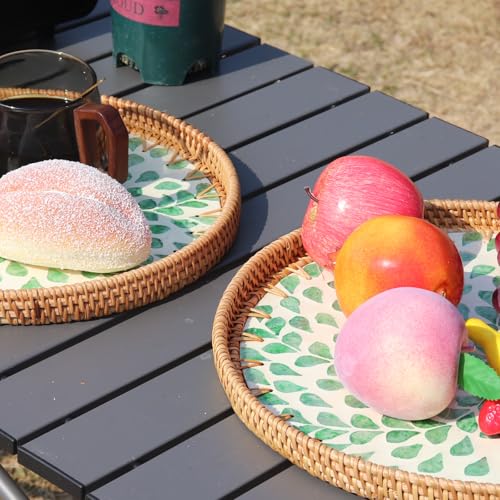 2 Pcs Rattan Mother of Pearl Inlay Serving Tray, Round Wicker Handwoven Coffee Table Boho Decor Tray Basket Tray for Fruit Food Kitchen Home Office Party Wedding (Leaf Spring)