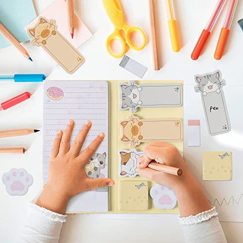 Xqumoi Cute Cartoon Cat Sticky Notes Set, 550 Sheets, Lovely Cat and Paw Shaped Self-Stick Notes Pads Kitty Animal Divider Tabs Bundle Writing Memo Pads Back to School Office Supplies Small Gift - color: 1pack-cartoon Cat