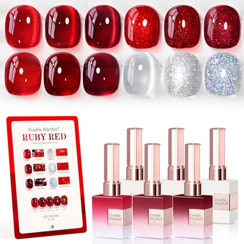 Double Rhythm 6 Pcs 15 ML Gel Polish Set Same Color Same Bottle Soak Off Gel Polish Kit Nail Art Manicure Salon DIY at Home for Women (Jelly Burgundy Red Glitter Silver -T6-56) - color: Jelly Ruby Red