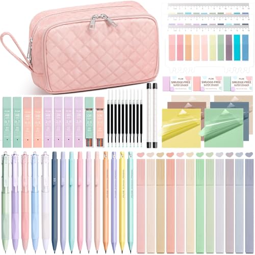 62PCS Aesthetic Back to School Supplies w/ Cute Pencil Case Stationary Set - color: Pink