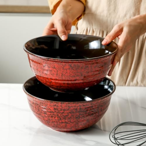 Hasense Ceramic Salad Bowl, 60 Ounces Large Serving Bowls, 8.5 Inch Soup Bowls Set of 2, Pasta Bowls for Ramen, Pho, Fruit, Housewarming, Wedding Gifts, Microwave Dishwasher Safe, Red - color: Red, size: 65 Ounce