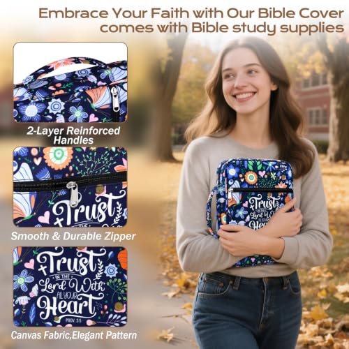 XKDOUS Bible Cover Case for Women Bible Bag Journaling Kit w/Study Supplies - color: Canvas Navy, size: Large