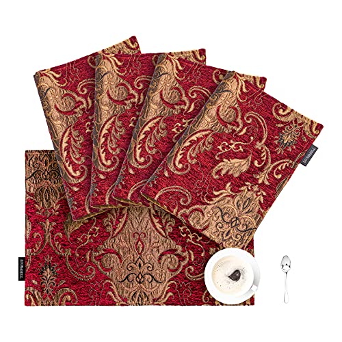 Loom and Mill Luxury Chenille Damask Placemats for Christmas, Set of 4, Red - color: Red_florence, size: 4 Pieces
