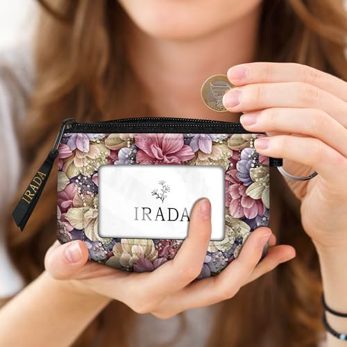 IRADA ID Case Wallet Keychain with Clear ID Window Zipper Cute Coin Purse for Women Water Resistant Small Coin Pouch-Luxury Romantic Delicate Flowers Keychain Wallet - color: Luxury Romantic Delicate Flowers-Keychain Wallet