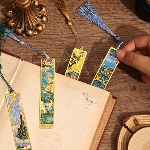 4 Pieces Metal Bookmarks with Tassel, Golden Hollow Bookmark Oil Painting Theme Book Mark Bookmarks for Book Lovers Writers Readers Children Teens for Women Adults Teen - style: 4Pcs Scenery