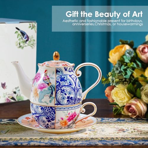 ACMLIFE Tea for One Teapot and Cup, Vintage Floral Porcelain Tea Set for One, Bone China Teapot with Cup Set, Tea Pot Christmas Gift for Women (Blue-C) - color: Blue-C