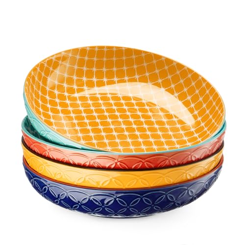 DOWAN 8.5" Vibrant Pasta, Salad & Soup Serving Bowls Set of 4, Embossed Large Porcelain Ceramic, Microwave, Oven & Dishwasher Safe, Bonita Design Perfect for Daily Dining, Family Gatherings, Party - size: 8.5 IN
