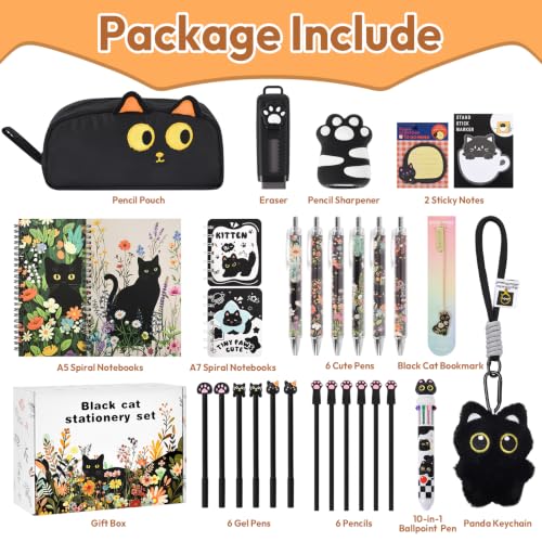 Ulema Cute Black Cat Gifts for Women,30Pcs Stationery Set Birthday Gifts for Boys Girls Back to School and Kawaii Classroom Office Supplies with Black Cat BallPoint Pen, Pencils, Sticky Notes etc. - style: black cat