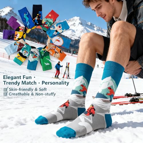 Colorful Funny Novelty Dress Socks for Men Women Teens Fathers Day Casual Fun Crazy Funky Graphic Crew Socks - color: 5 Pairs - Sports Themed - Skiing Snowboarding Outdoor Hiking Sailing & Kayaking Swimming Scuba Diver Ocean Adventure Pattern Socks, size: