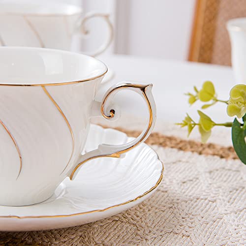 Agyiuns 6 Sets 6oz Porcelain Tea Cups Saucers，White with gold thread Tea Cups for Tea,Coffee - color: White with gold thread-set of 6