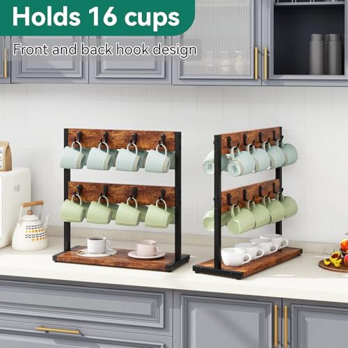 IBUYKE Coffee Mug Holder for Countertop,16 Hook Mug Tree,Brown TBJ001H - color: Rustic Brown, size: no shelf(16 mugs)