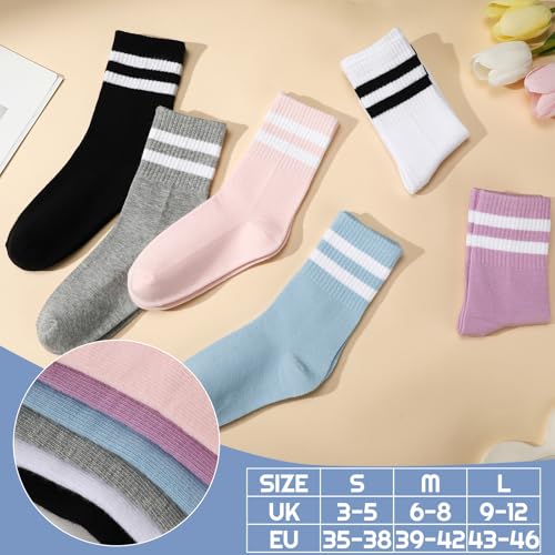 Womens White Crew Socks 6 Pair Striped Trim Casual Crew Socks - color: Blue, Purple, White, Black, Gray, Light Pink