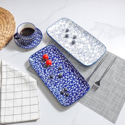 Selamica Ceramic Serving Platters, 12 Inch Serving Trays for Party Entertaining, Large Rectangular Serving Plates for Food, Set of 6, Vintage Blue - color: Vintage Blue, size: 12 Inch, Set of 6