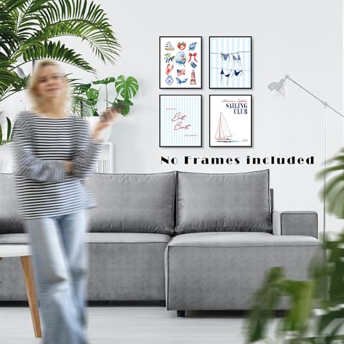 LUKIPOM Coastal Beach Nautical Wall Art Prints 8x10 Set of 4, Coastal Beachy Room Decor Aesthetic, Preppy Beach Bikini East Coast Nautical Wall Art Posters for Home Bedroom Living Room Decor, Unframed - color: Color 005