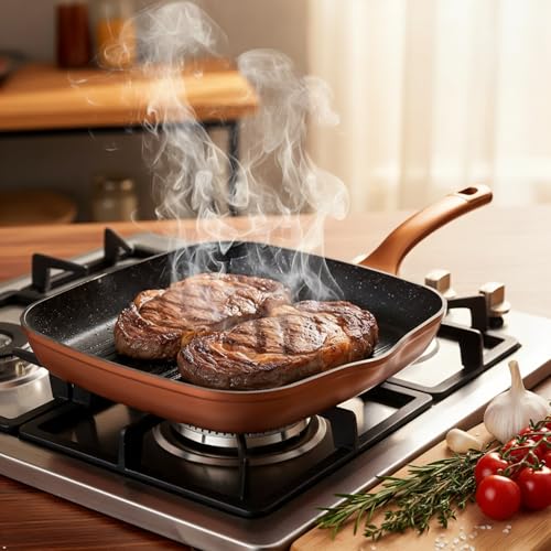 11" Nonstick Grill Pan with Pour Spouts, PFOA-Free (Black, Double Non-stick, PFOA-free)