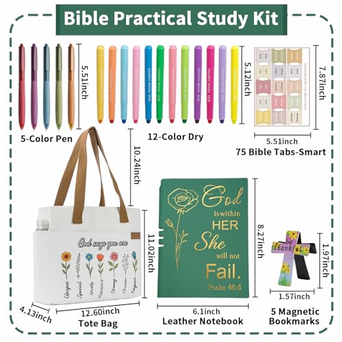 25 PCS Bible Study Supplies Kit, Large Capacity Canvas Tote Bag for Women Organizer, Bible Highlighters and Quick Dry Pens No Bleed Through, Notebook Bible Tabs Cross Bookmark Journaling Accessories - color: White