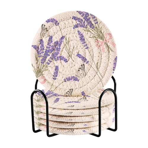 Beautiful Purple Lavender Drink Coasters Set - 6 Pcs Minimalist Woven Coasters with Holder for Home Decor, 3.94 Inch Absorbent Coasters for Drinks - color: A01